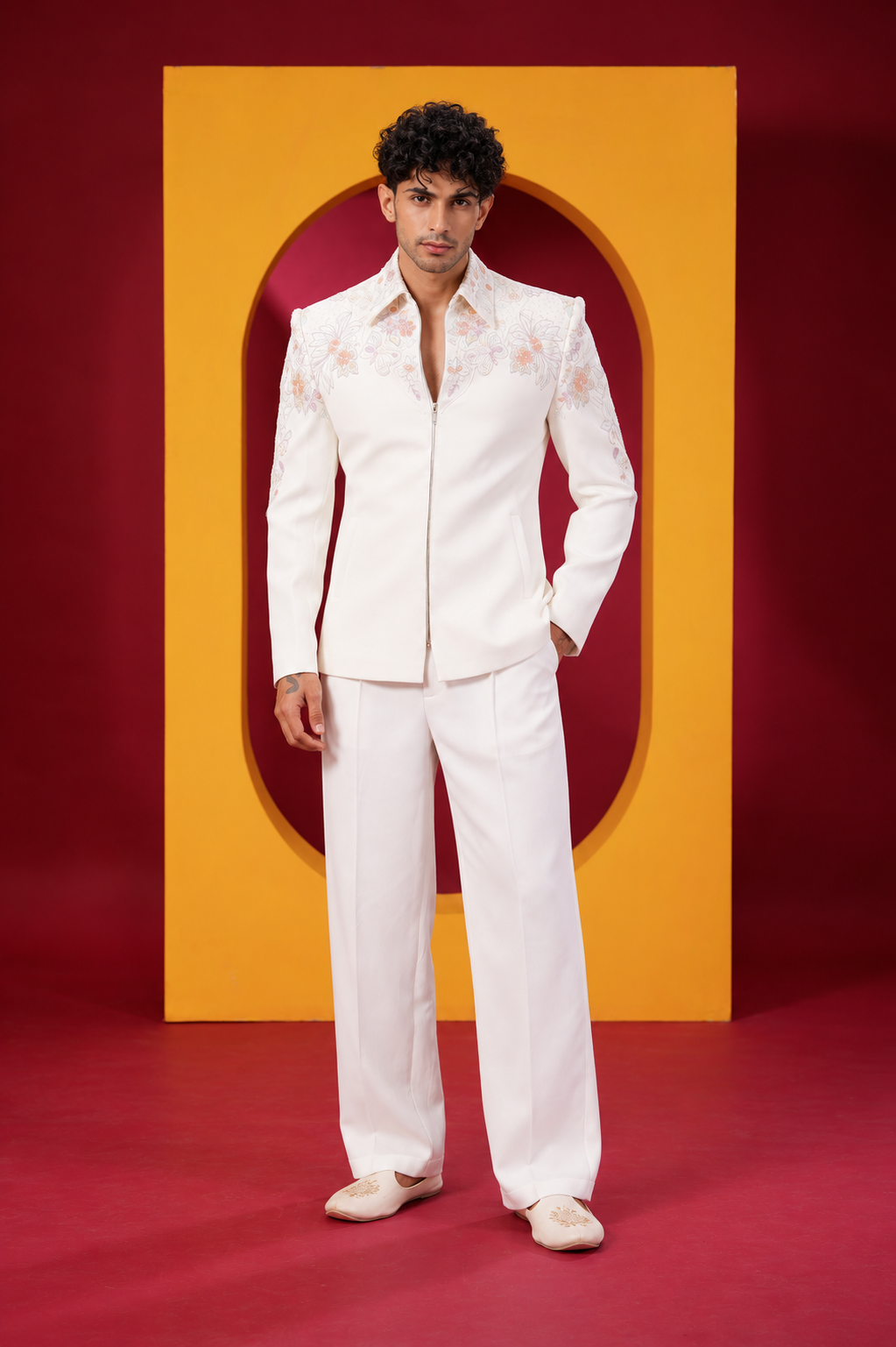Men's Premium Ivory White Floral Embroidered Indo-Western Jacket & Trouser Set