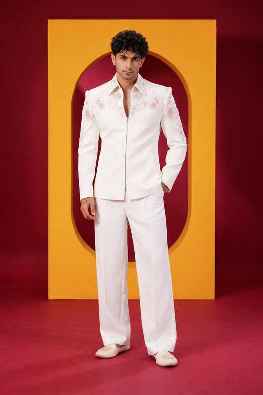 Men's Premium Ivory White Floral Embroidered Indo-Western Jacket & Trouser Set