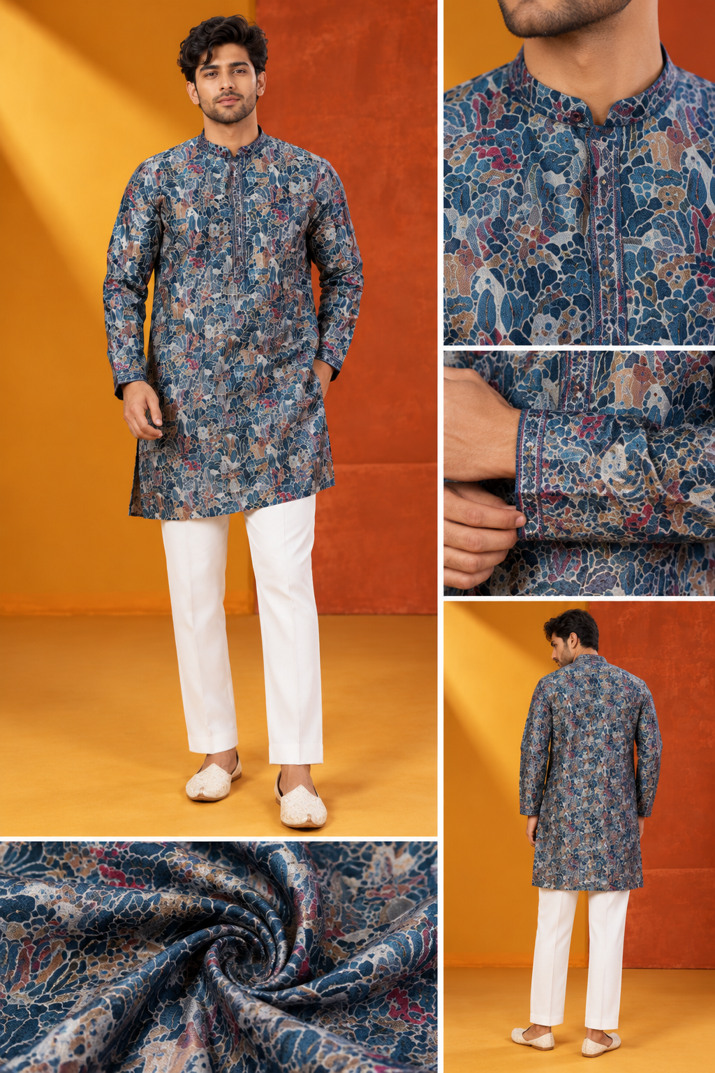 Men's Premium Blue Multicolour Floral Printed Kurta Set