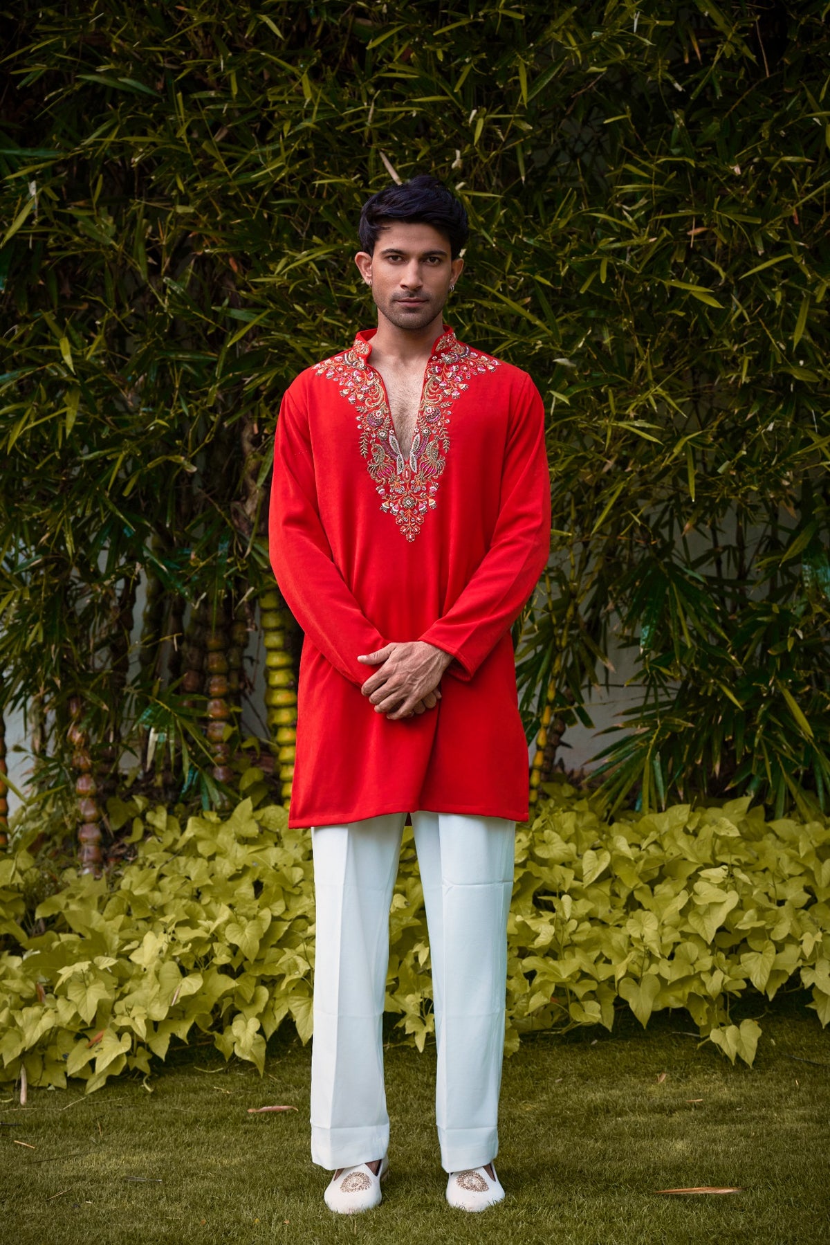 Red Embroidered Festive Kurta