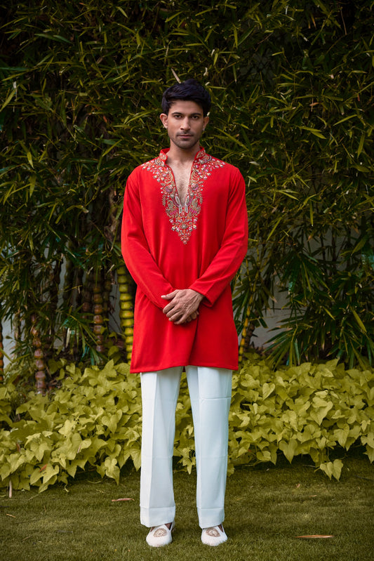 Red Embroidered Festive Kurta