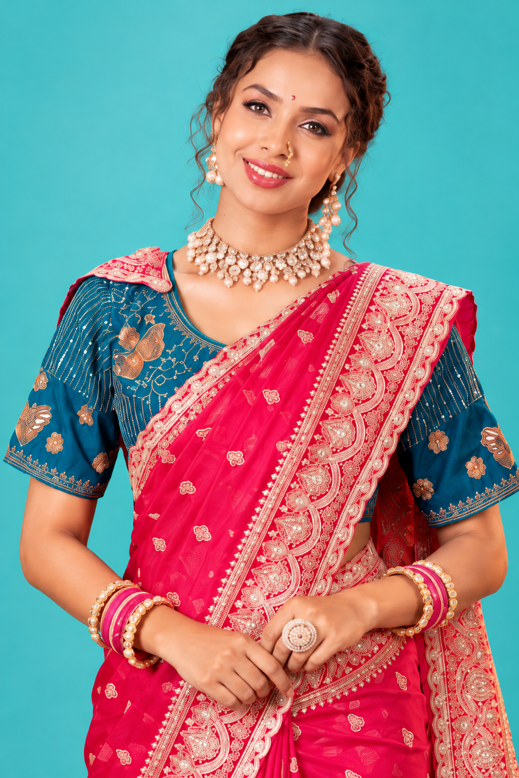 Rani Pink Embroidered Designer Saree