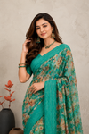 Women's Sea Green Floral Printed Saree with Elegant Woven Border | Lightweight Festive & Party Wear