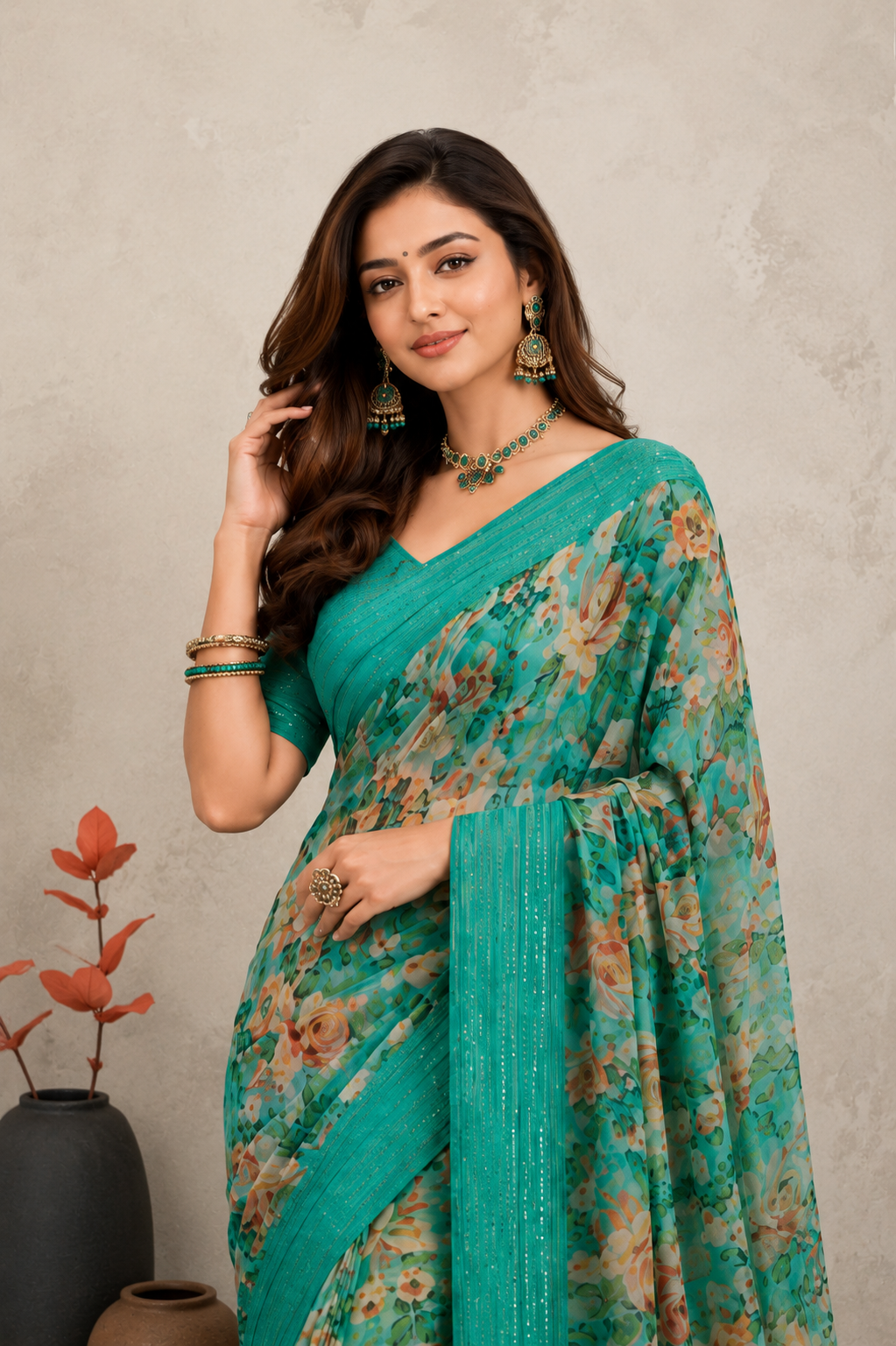Women's Sea Green Floral Printed Saree with Elegant Woven Border | Lightweight Festive & Party Wear