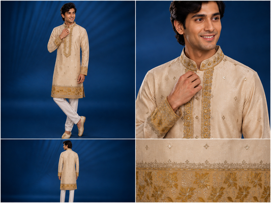 Cream Gold Embroidered Men’s Wedding Kurta