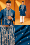 : Men's Premium Royal Teal Blue Floral Embroidered Festive Kurta Pajama Set