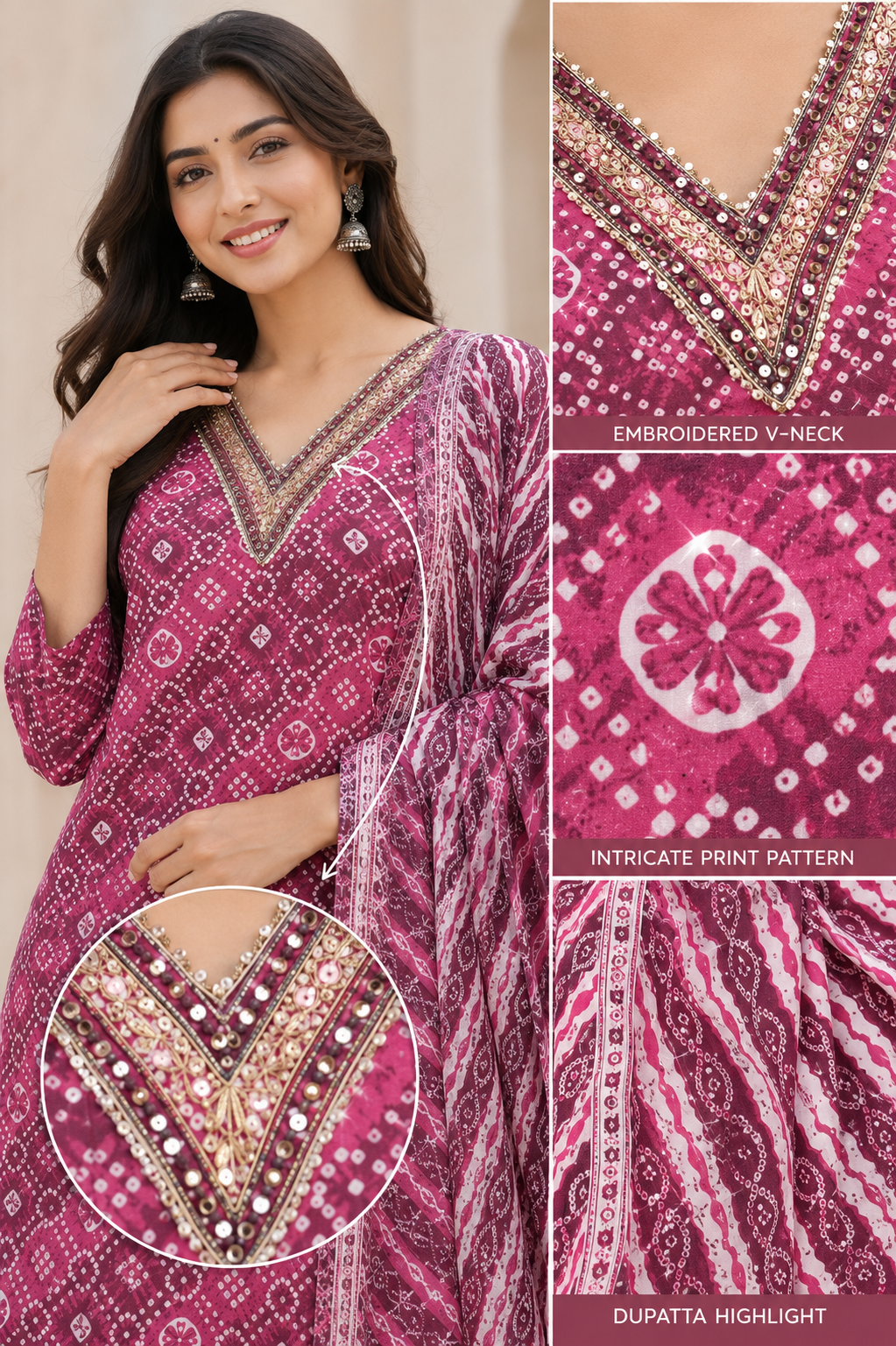 Women's Magenta Printed Kurta Pant Dupatta Set with Embroidered V-Neck