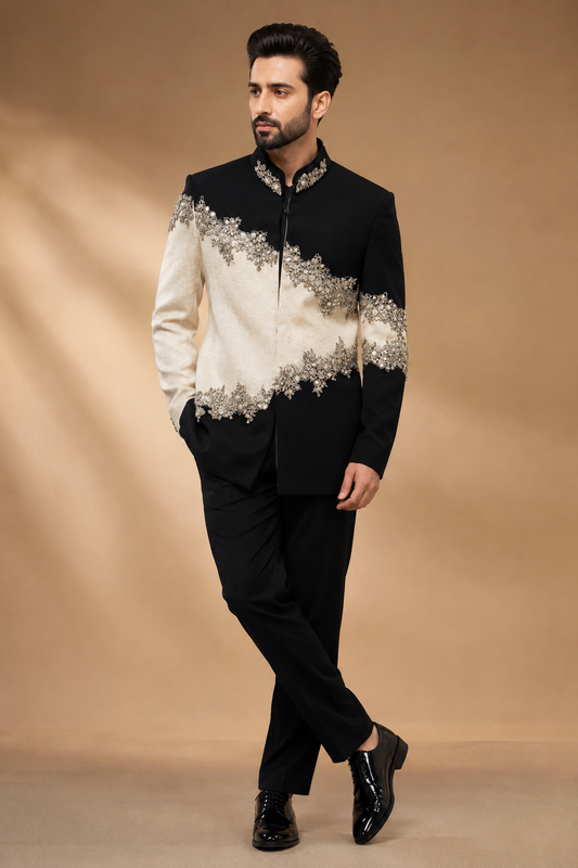 Men’s Black & Ivory Embroidered Designer Indo-Western Suit