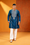 : Men's Premium Royal Teal Blue Floral Embroidered Festive Kurta Pajama Set