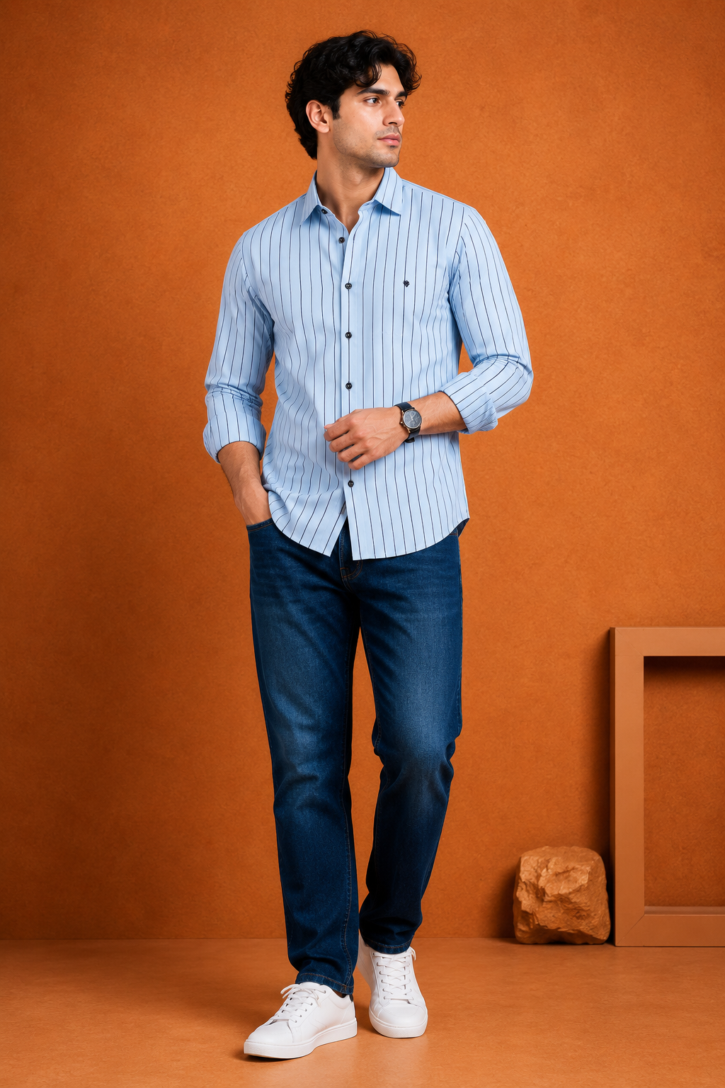 Men's Sky Blue and pink  Striped Full Sleeve Shirt