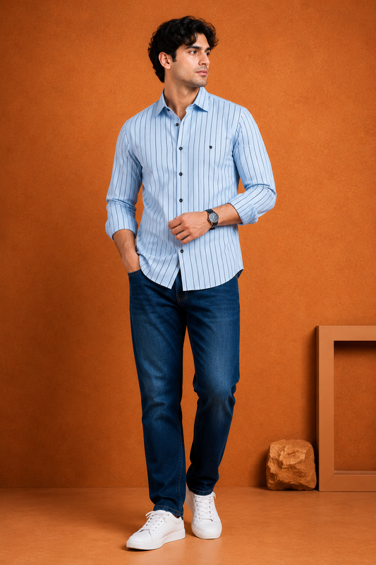 Men's Sky Blue and pink  Striped Full Sleeve Shirt