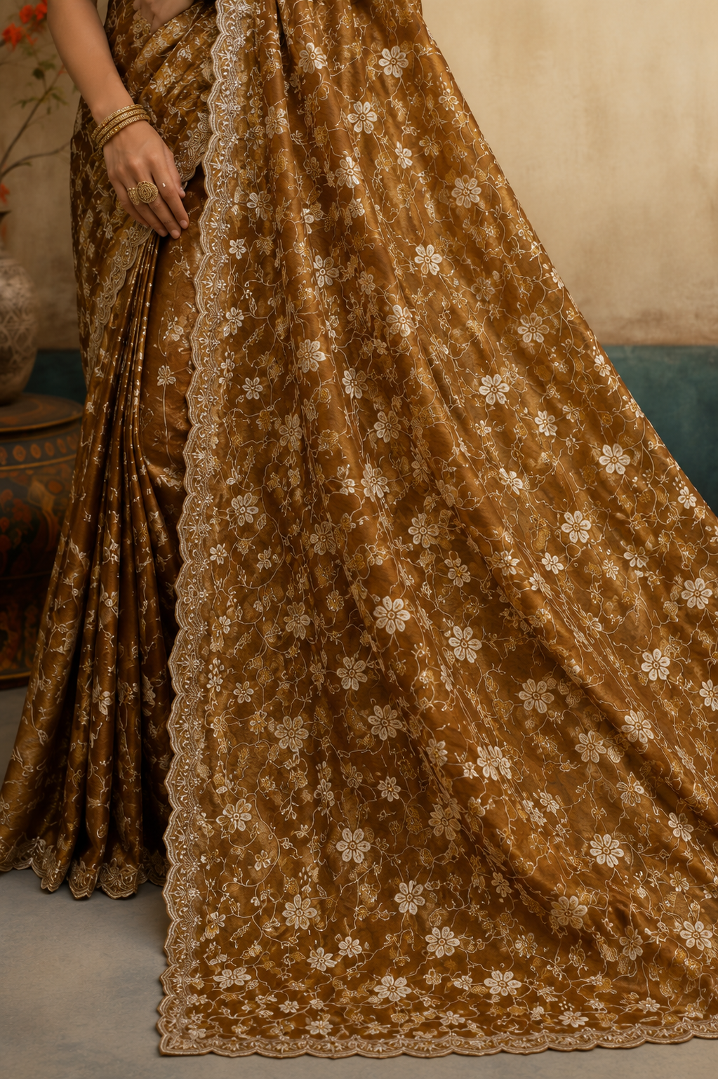 Elegant Coffee Brown Floral Embroidered Organza Saree