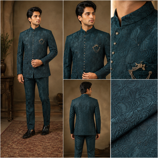 Deep Teal Jacquard Jodhpuri Bandhgala Suit