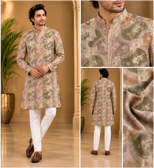Champagne Gold Embellished Festive Kurta for Men