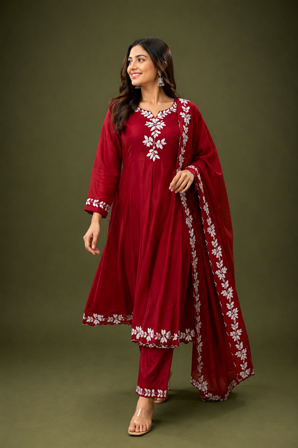 Women’s Maroon Embroidered Anarkali Kurta Set with Dupatta