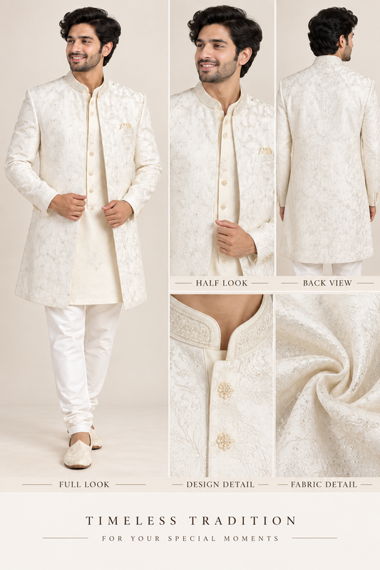 Men’s Ivory Embroidered Indo-Western Jacket Set