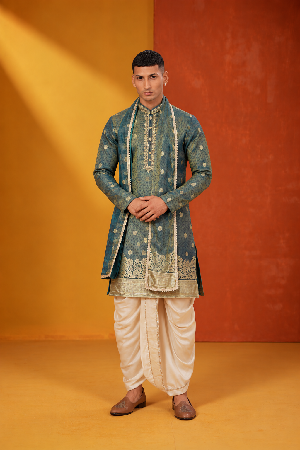 Teal Green & Gold Brocade