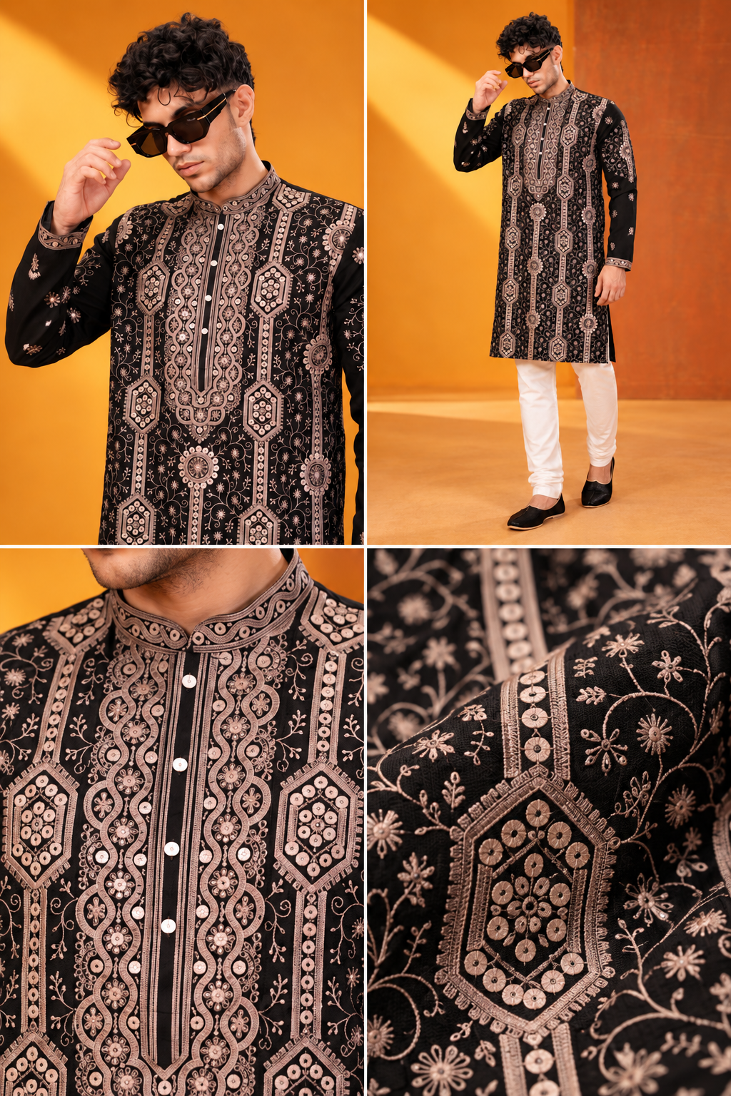 Men's Premium Black & Gold Ethnic Embroidered Kurta Churidar Set