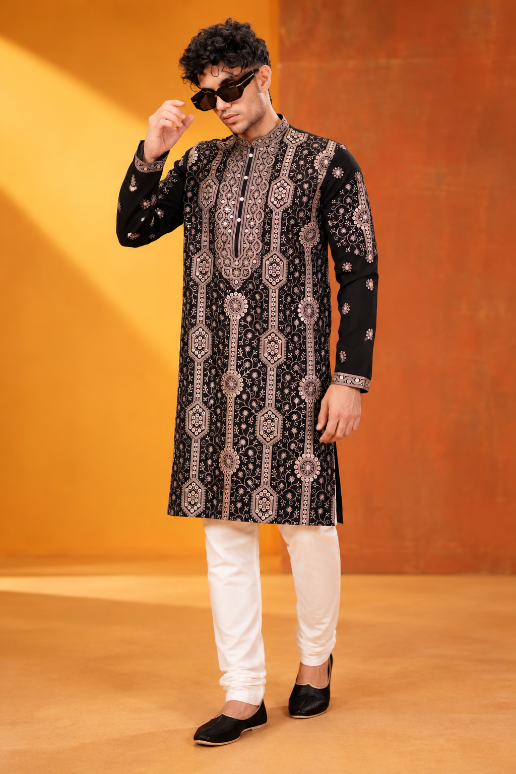 Men's Premium Black & Gold Ethnic Embroidered Kurta Churidar Set
