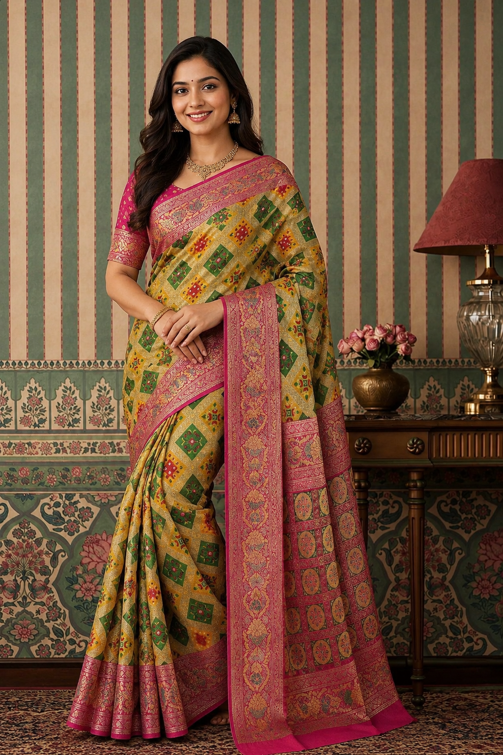 Royal Mustard Saree with Pink Zari Border