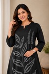 Women's Black Botanical Print A-Line Cotton Kurti