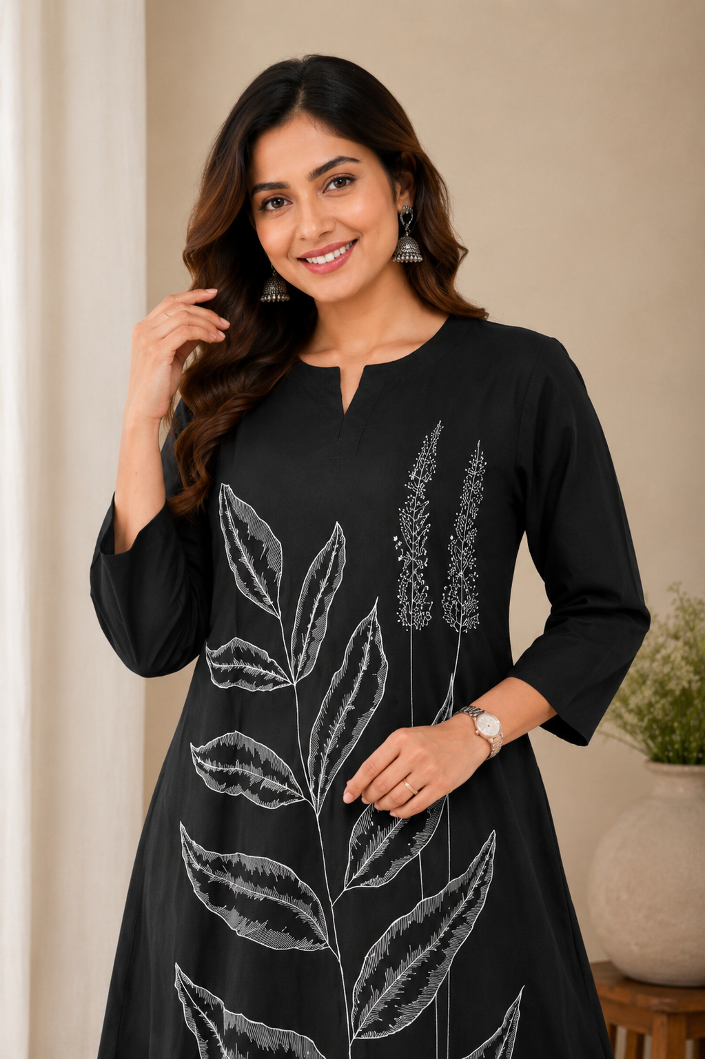 Women's Black Botanical Print A-Line Cotton Kurti