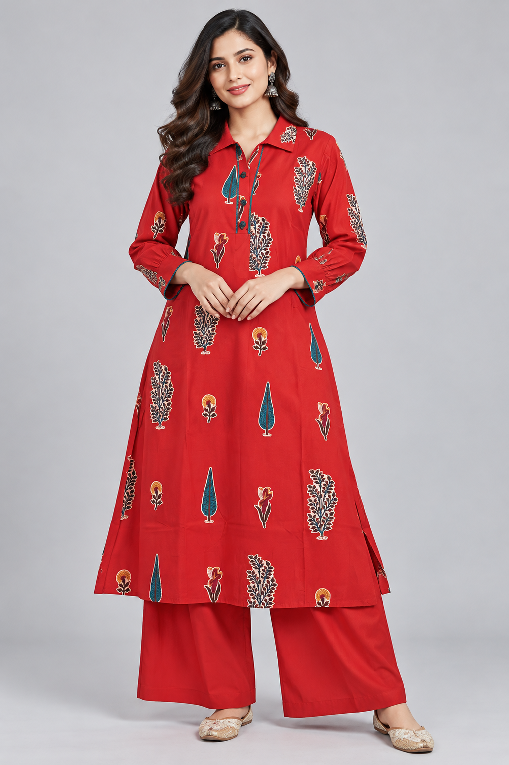 Elegant Red Floral Printed A-Line Kurta with Palazzo Set