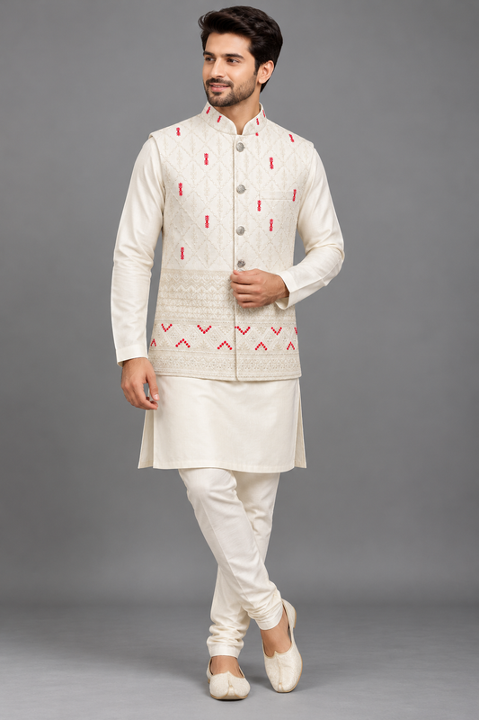 Premium Off-White Embroidered Modi Jacket