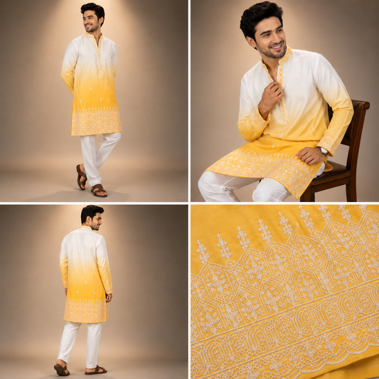 White & Yellow Ombre Embroidered Festive Kurta for Men