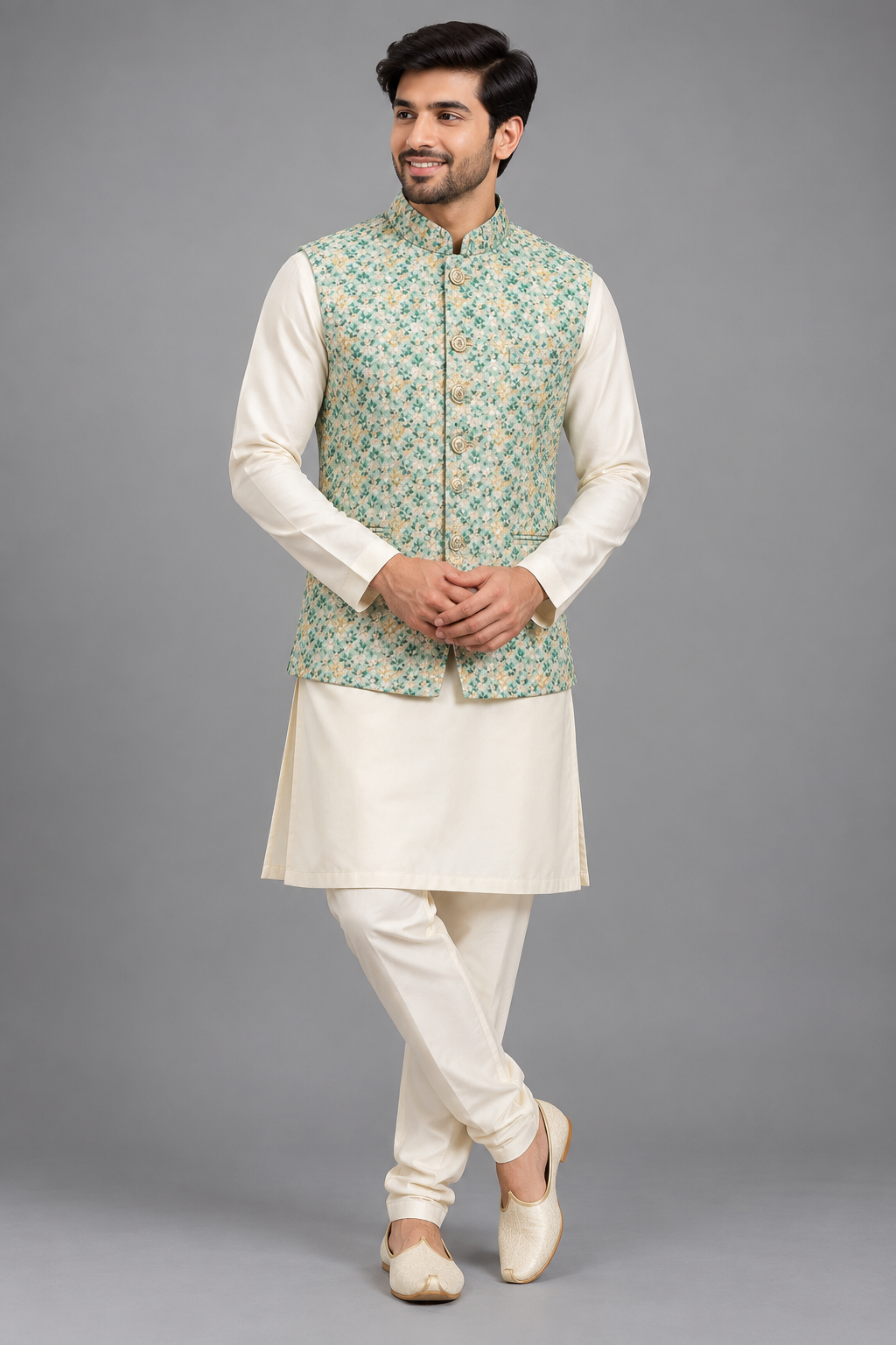 Mint Green Floral Printed Nehru Jacket for Men