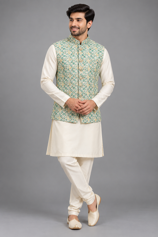 Mint Green Floral Printed Nehru Jacket for Men