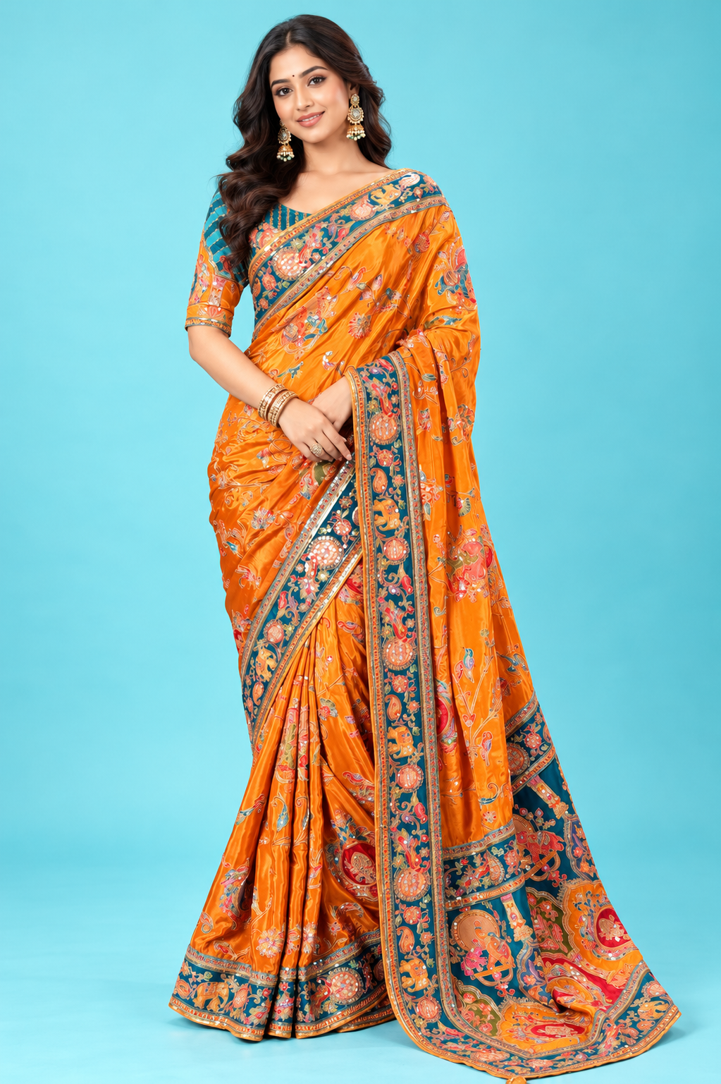 Royal Orange Designer Saree with Teal Blue Embroidered Border & Rich Pallu