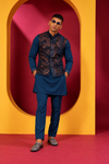 Men's Royal Navy Blue Kurta Pant Set with Floral Printed Nehru Jacket
