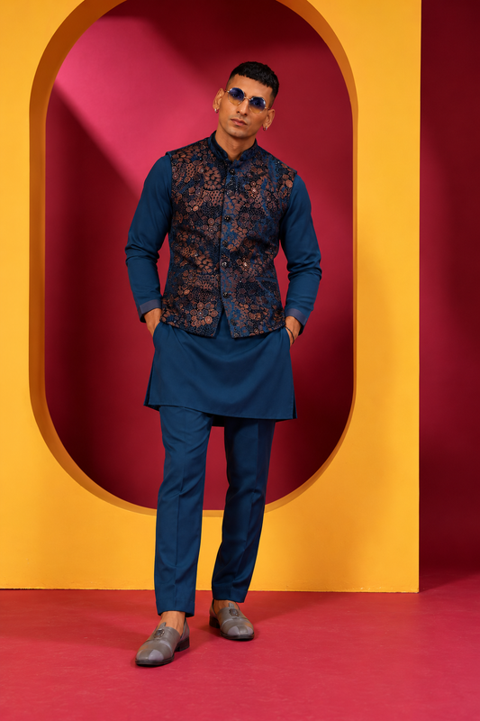 Men's Royal Navy Blue Kurta Pant Set with Floral Printed Nehru Jacket