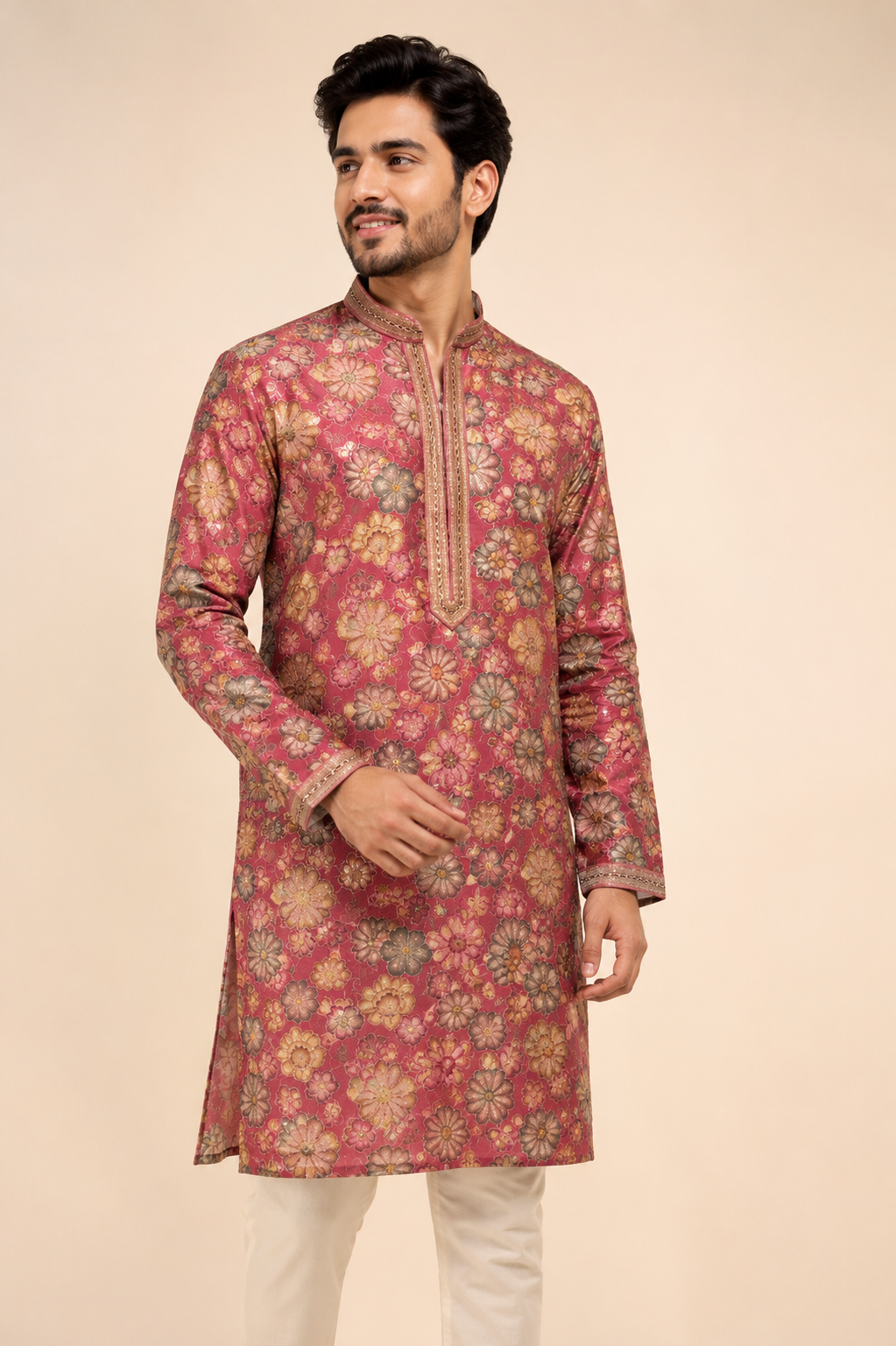 Rose Pink Floral Print Men’s Festive Kurta Set