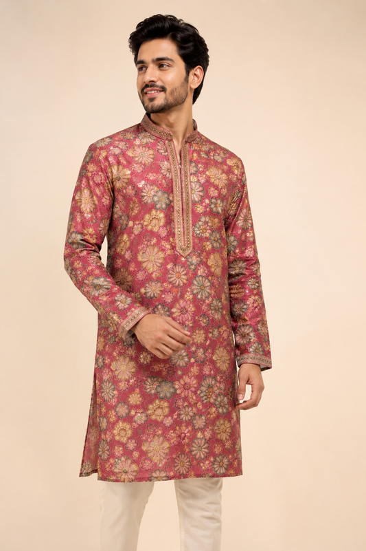Rose Pink Floral Print Men’s Festive Kurta Set
