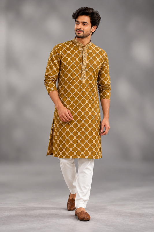 Mustard Gold Embroidered Kurta Set for Men