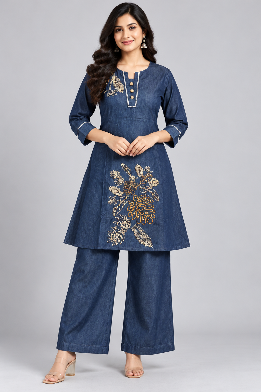Women's Indigo Blue Embroidered Denim Co-Ord Set