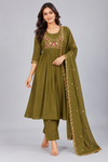 Olive Green Floral Embroidered Anarkali Kurti Pant Set with Dupatta