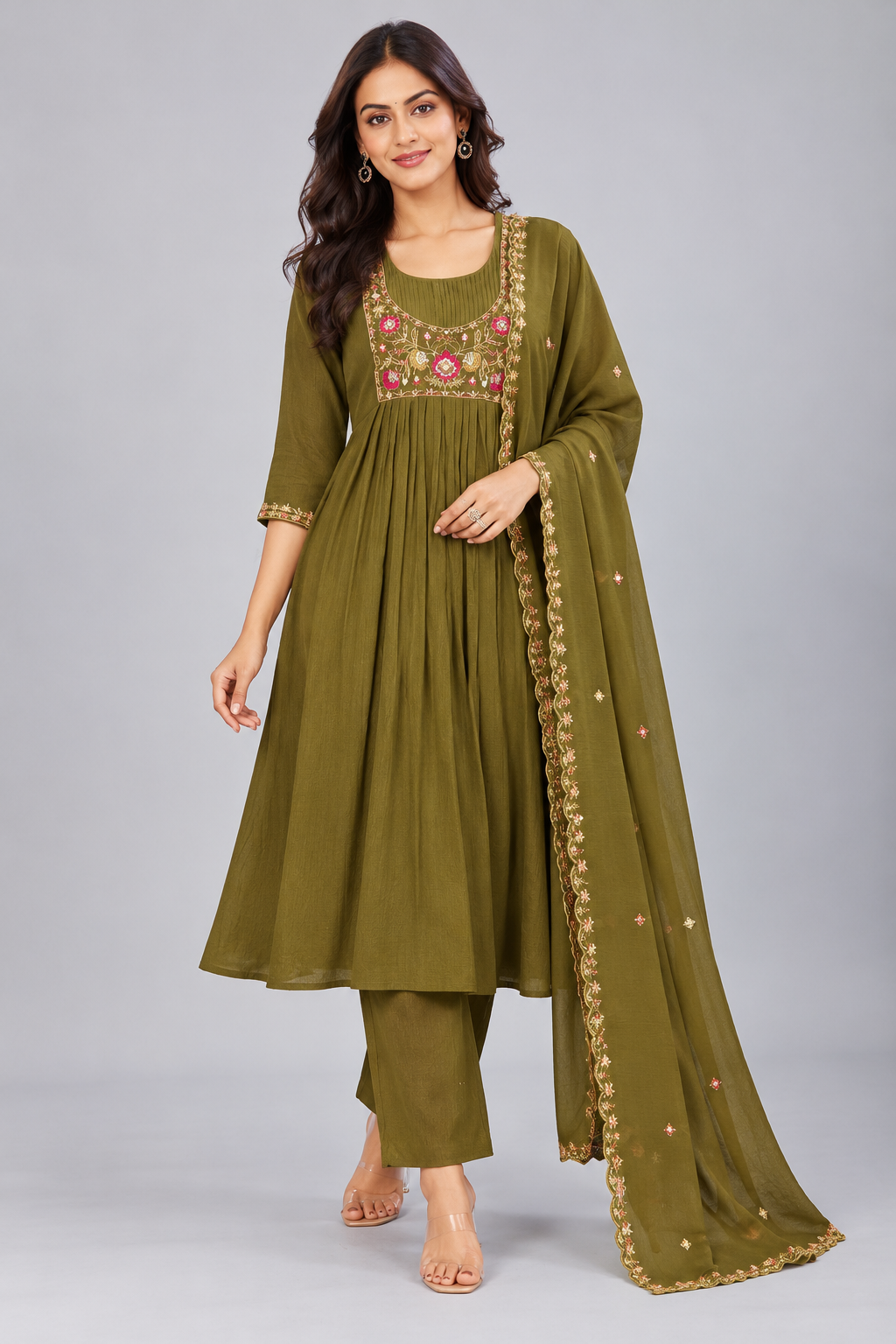 Olive Green Floral Embroidered Anarkali Kurti Pant Set with Dupatta