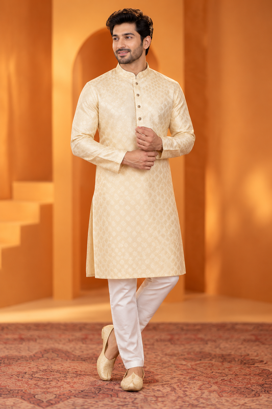 Men's Premium Ivory Gold Jacquard Kurta Set