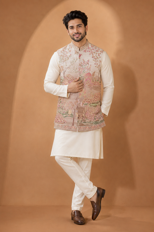 Elegant Floral Printed Nehru Jacket Kurta Set