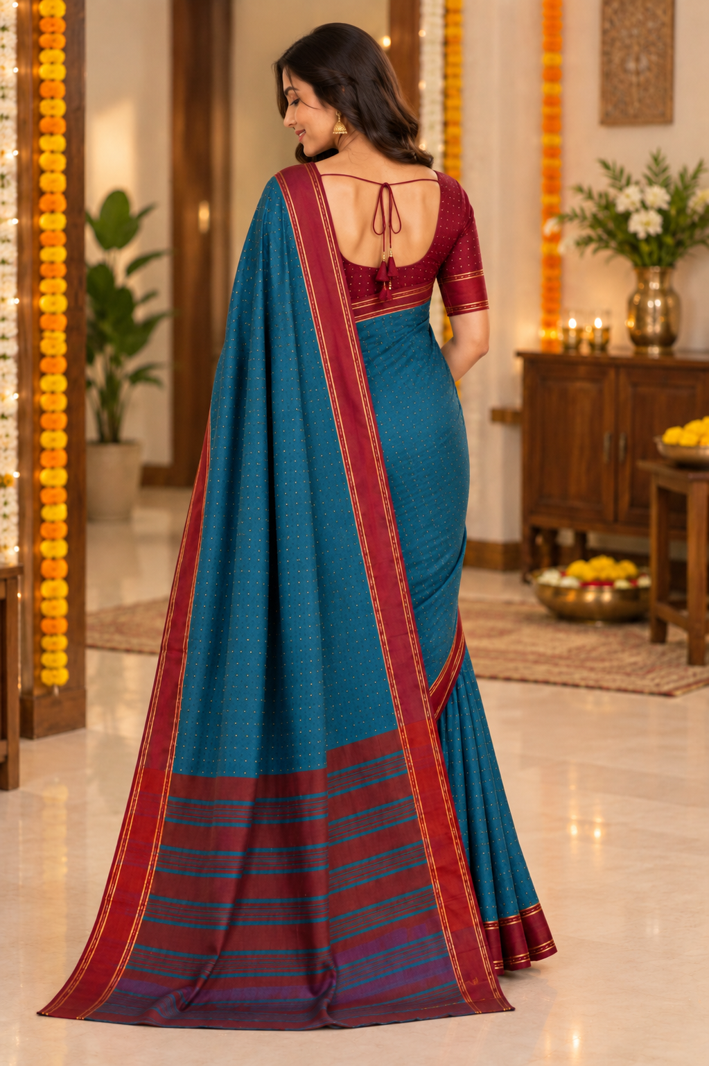 Teal Blue Saree with Maroon Border & Golden Dotted Weave