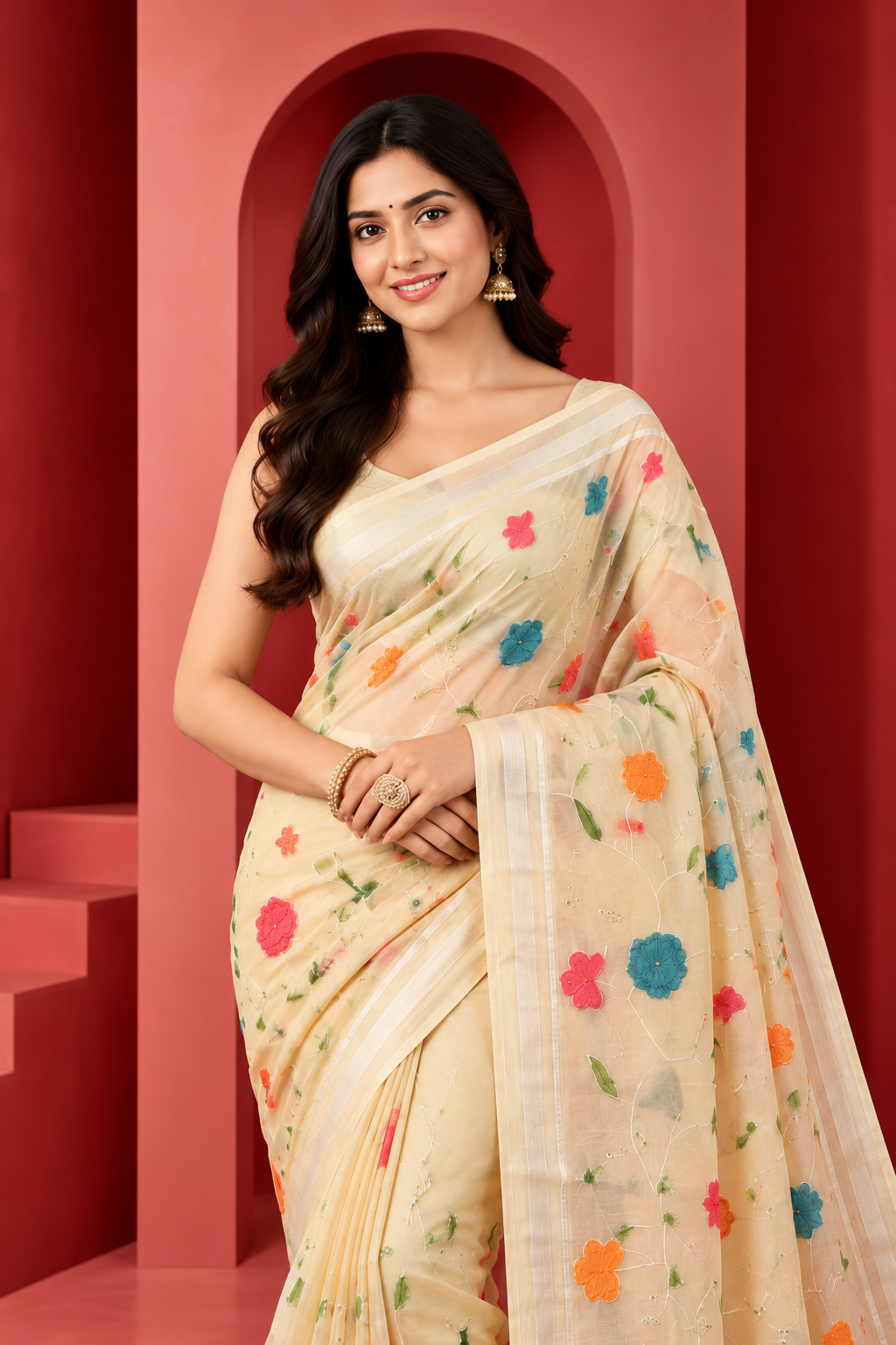 Elegant Cream Floral Embroidered Saree