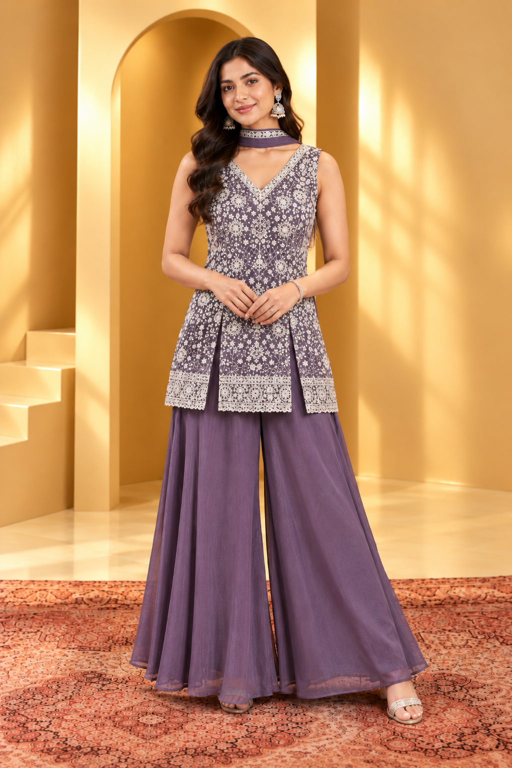 Elegant Lavender Purple Embroidered Palazzo Suit Set