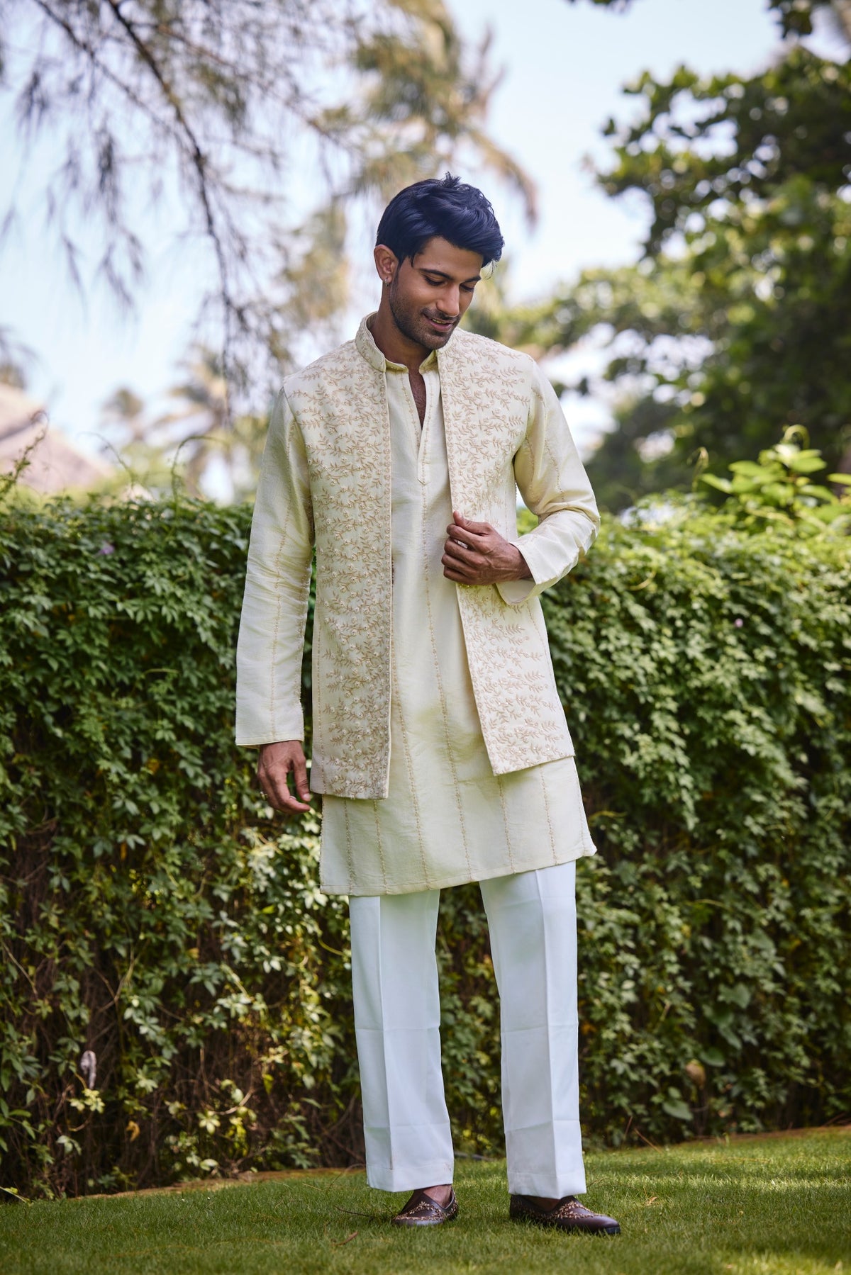 Ivory Embroidered Nehru Jacket Kurta Set