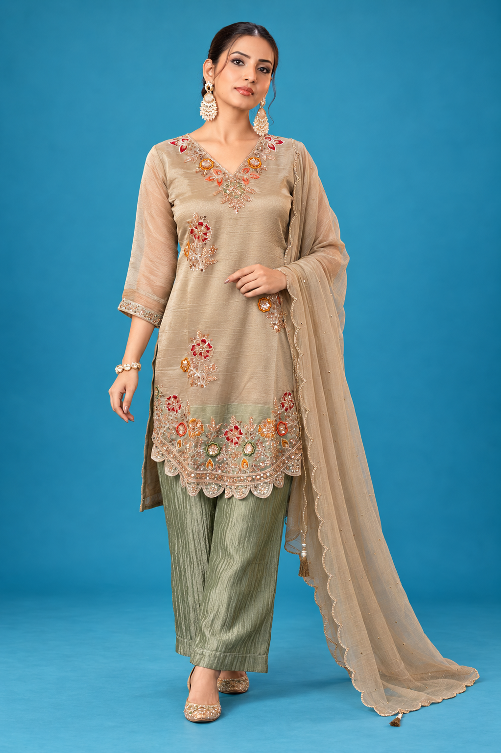 Elegant Beige Embroidered Kurta Set with Sage Green Pants