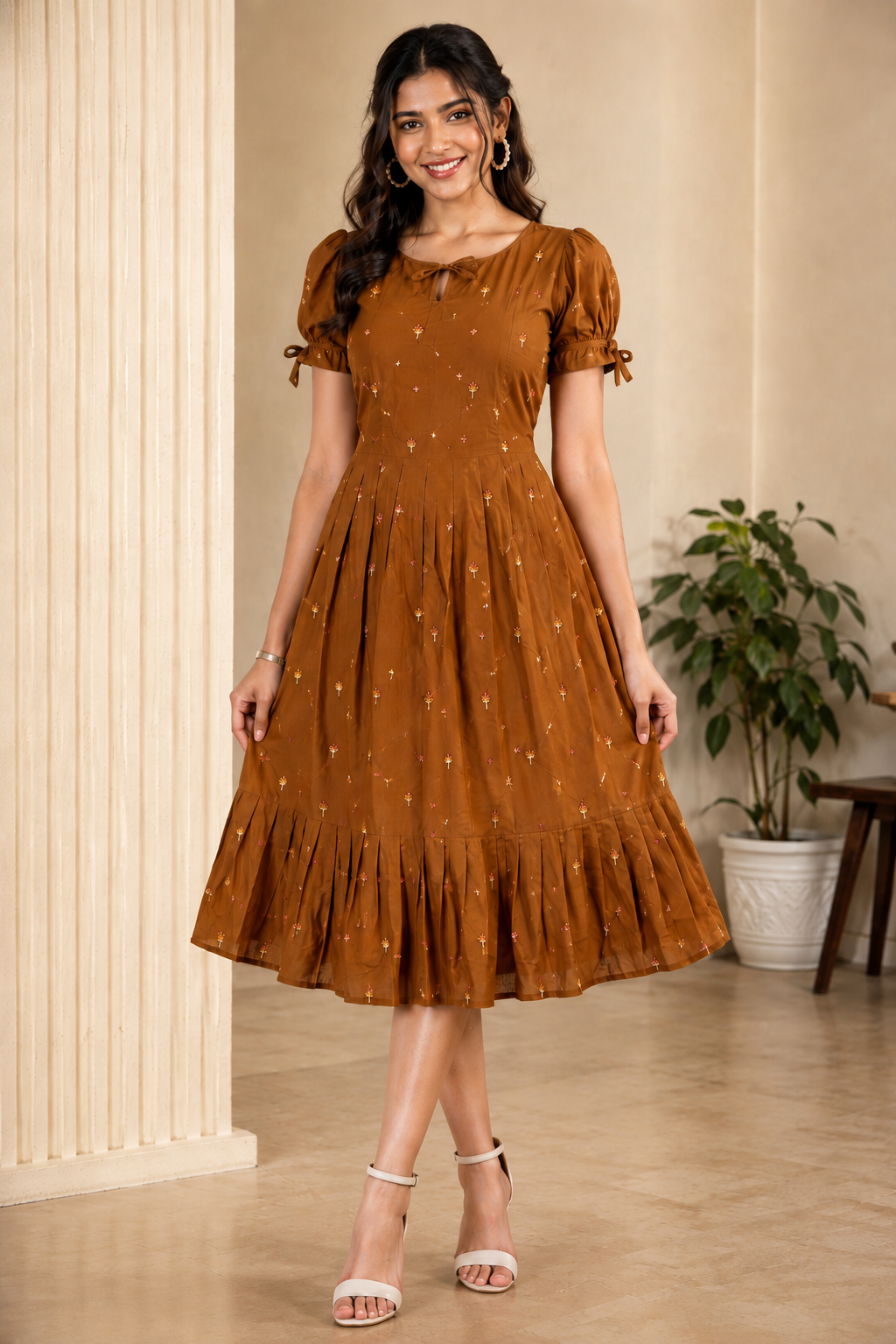 Rust Brown Embroidered Fit & Flare Midi Dress
