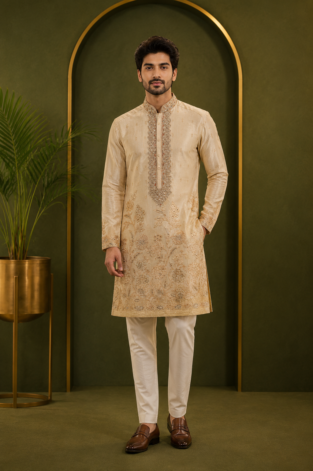 Champagne Beige Floral Embroidered Men’s Festive Kurta