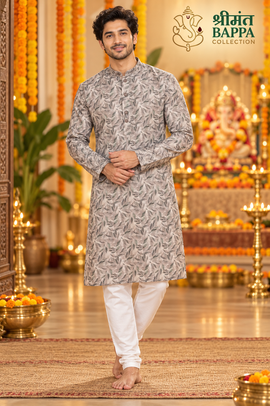 Men's Grey Leaf Printed Long Sleeve Kurta